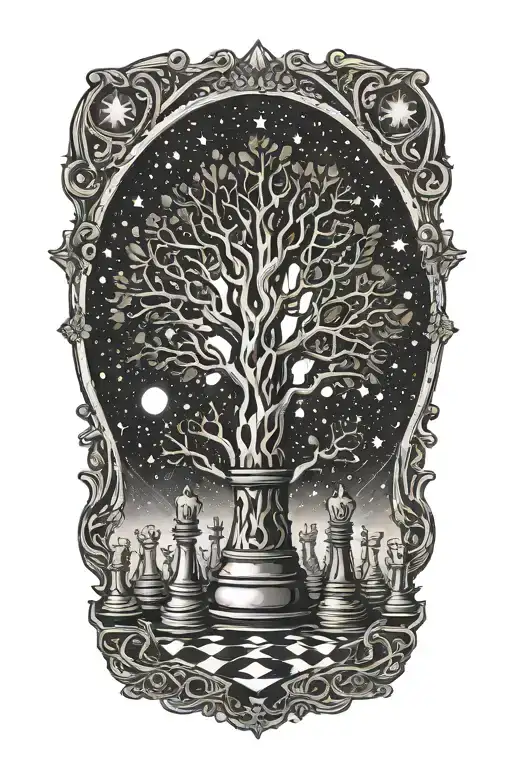 A Mystical Tree Growing Chess Pieces Under A Starlit Sky In Dotwork Style