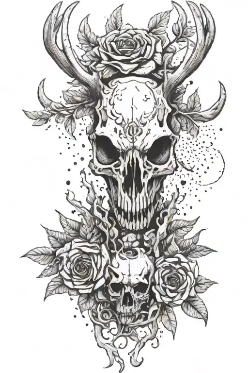 Red Flowers And Bones Of A Deer Skull Inside