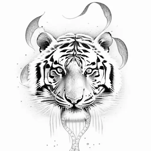 A Tiger Swimming In A Sea Filled With Bioluminescent Creatures