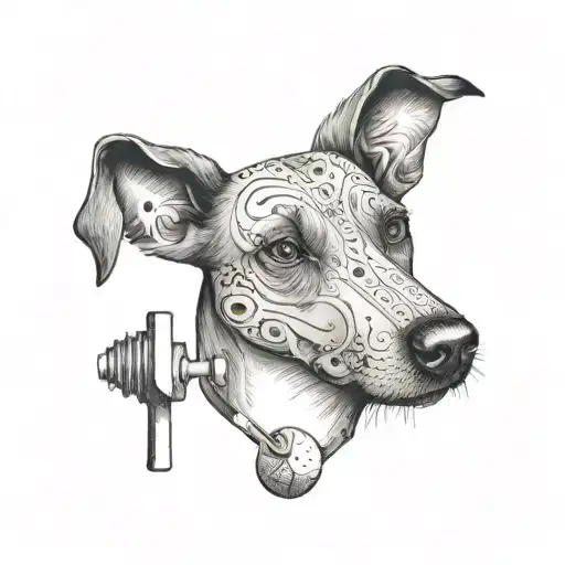 A Detailed Portrait Of A Dog With A Barbell And Musical Symbols Incorporated Into The Design