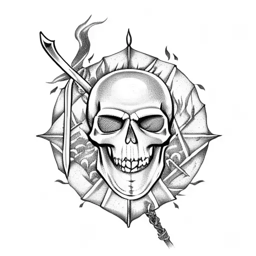 Sword Placed Over A Bonfire With A Skull On Fire