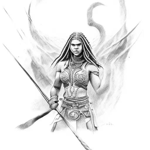 Strong Caucasian Warrior Woman In A Fighting Stance With Long Messy Dreadlocks