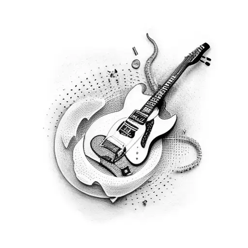 A Dotwork Tattoo Of A Detailed Drawing Of A Guitar And A Tattoo Gun