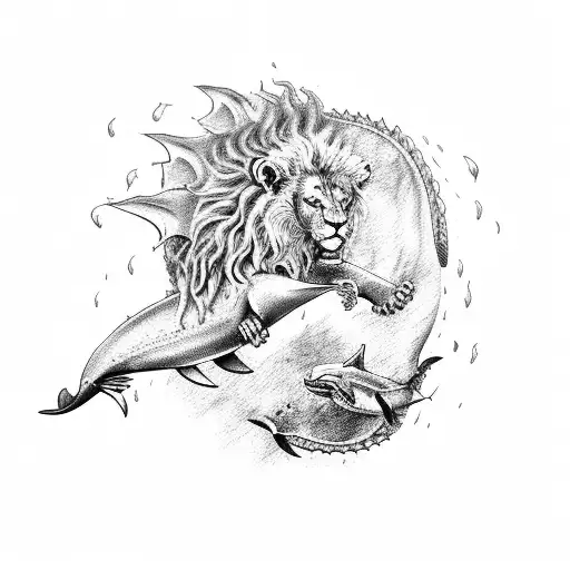 Lion Fighting A Dolphin And A Dragon