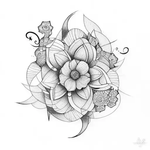 A Tattoo Design Combining Abstract Shapes And Flower Elements To Symbolize Growth And Transformation