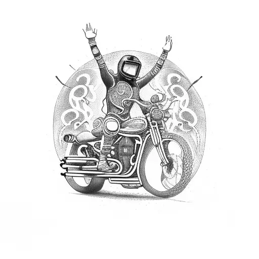 A Psychedelic Festival Scene With A Rider On A Motorbike Surrounded By Music Symbols