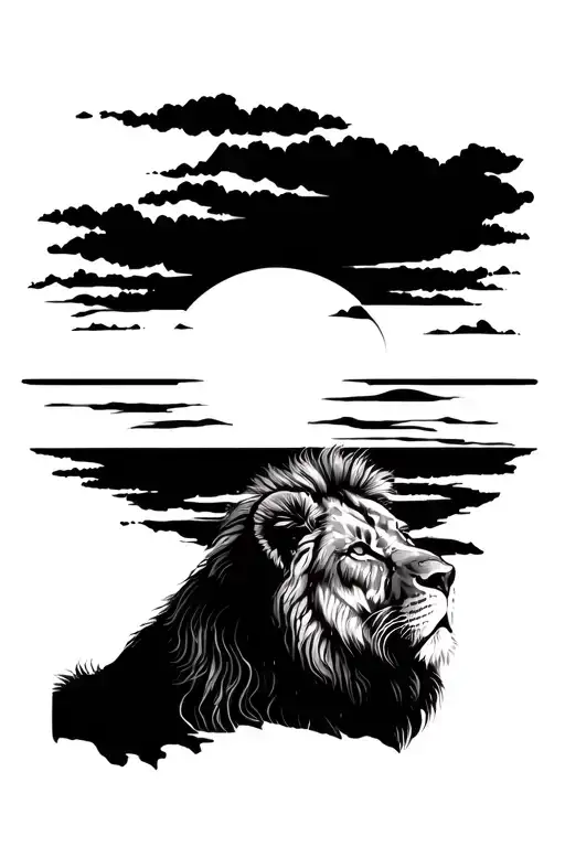 Lion Looking Into The Sun Setting