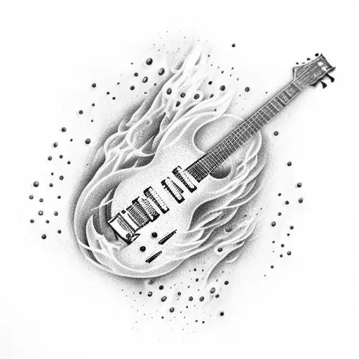 An Electric Guitar Engulfed In Flames With Water Droplets Falling Around It