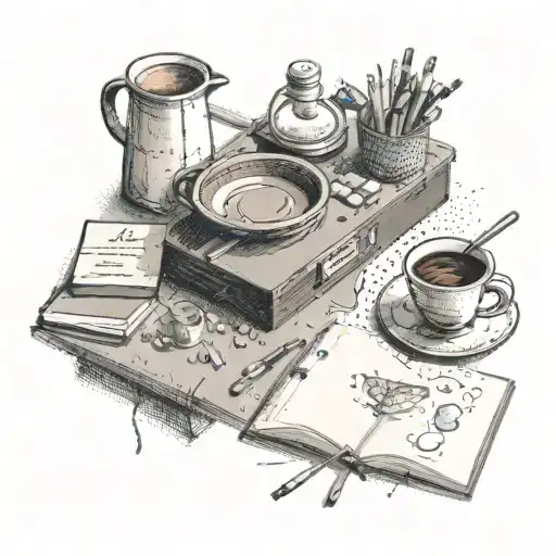A Teacher's Desk With A Coffee Cup And Cooking Ingredients Scattered Around