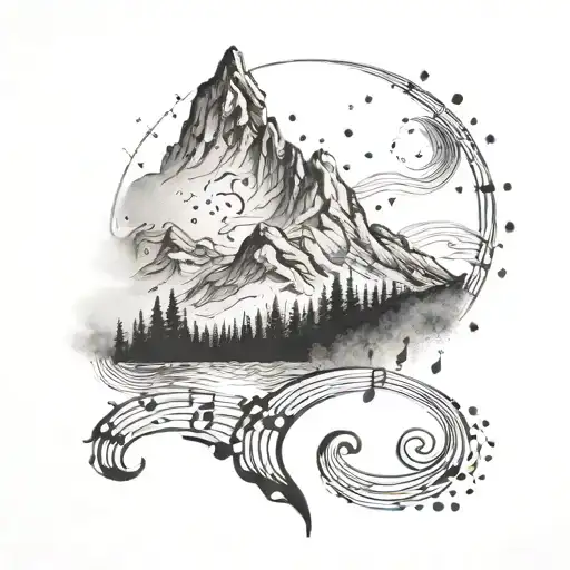 Create A Dotwork Tattoo Of A Mountain Landscape With Musical Notes Intertwined