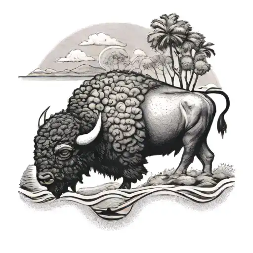 A Dotwork Tattoo Of A Buffalo Bills Logo Transformed Into A Beach Scene