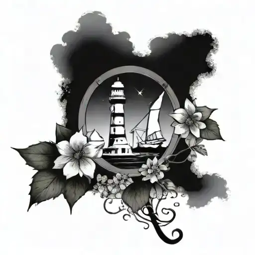 Ships Wheel With Birth Flowers And Light House