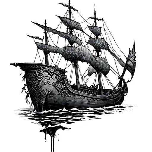 Combine A Viking Ship From Norse Mythology With Futuristic Cybernetic Elements In A Dotwork Style
