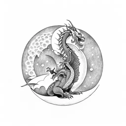 Dragon With A Red Sun Over His Head And Moon Below His Tail