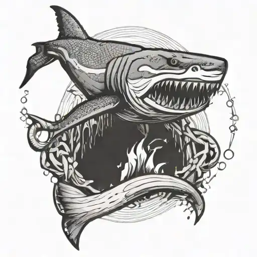 Create A Dotwork Tattoo Of A Shark Breaking Through A Wooden Union Carpenter Logo
