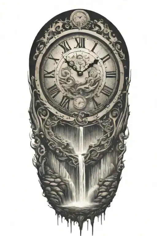 Clock Going Into Waterfall Flowing