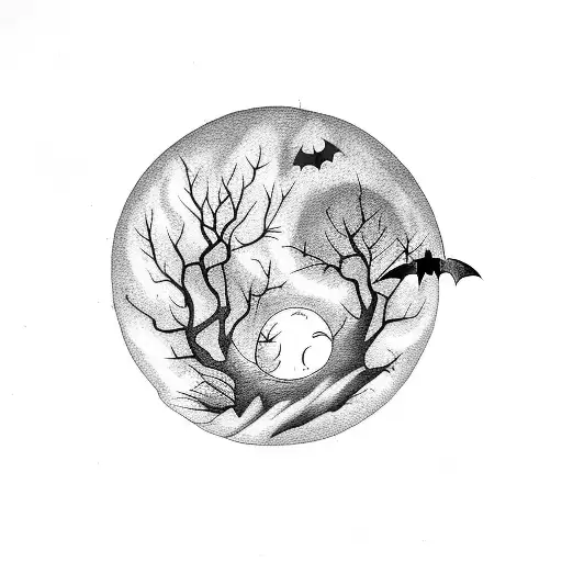 Bats With Halloween Trees And Haunted House With Moon