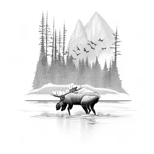 A Moose On Water With Tall Pines An An Americen