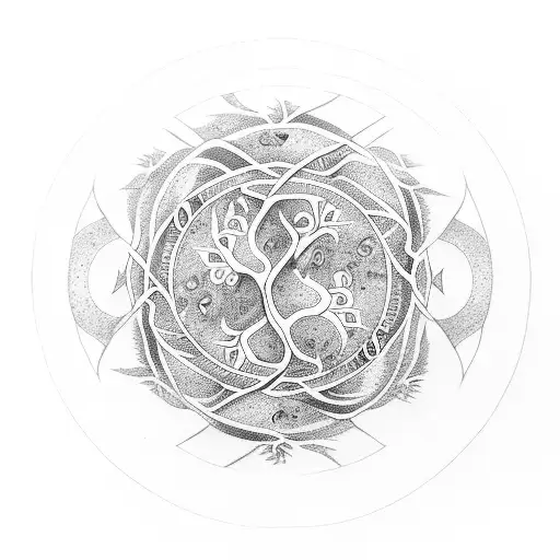 Tree Of Life With Yin Yang And Myth Of Sissyphus