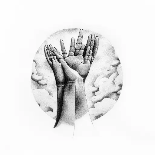 Hands Praying With Clouds In Background