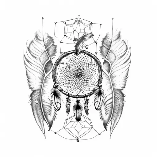 A Dreamcatcher With Intricate Dotwork Detailing And Crow Feathers Intertwined
