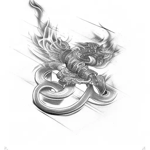 Design A Tattoo Featuring Flames Intertwined With A Gun Barrel And Motorcycle Exhaust Pipes