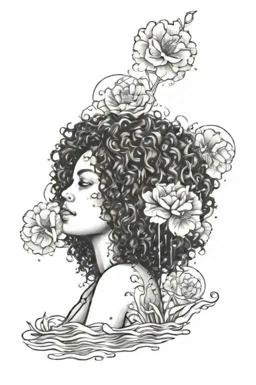 Curly Haired Woman Sitting With Flowers In Her Hair And Water And Sky In The Background