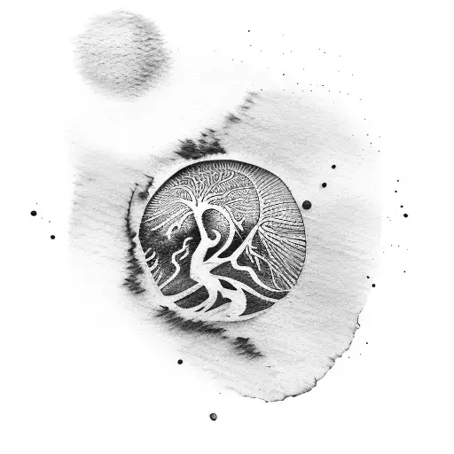 Water Colour Tattoo Of Woman In Yoga Tree Pose With Ying Yang & Tree Of Life