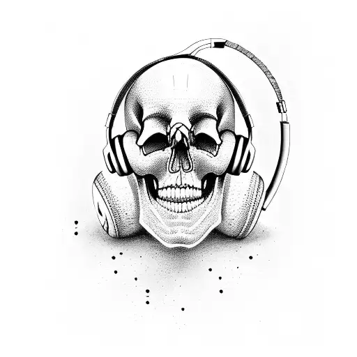 A Dotwork Tattoo Of A Skull Wearing Headphones And Surrounded By Music Symbols