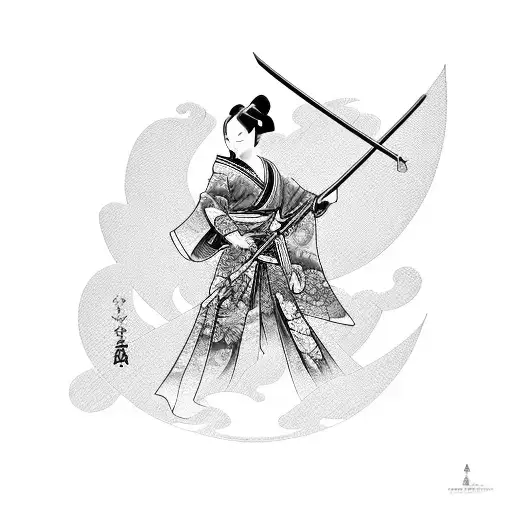 Geisha Holding A Katana Sword With Intricate Japanese Patterns In The Background