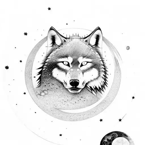 Samurai With Sword In Background With Wolf Howling In Front And Moon On Top Sci Fi