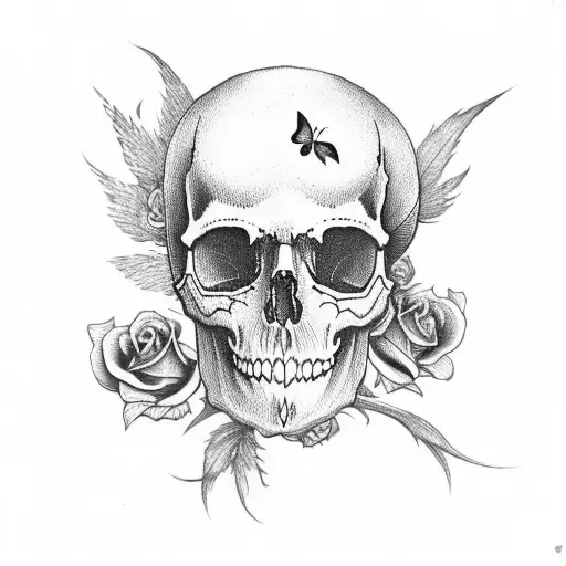 Skull With Butterfly And Roses And Crow