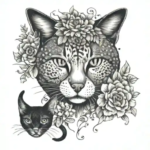 A Dotwork Tattoo Of A Stylized Cat And Dog Surrounded By A Wreath Of Musical Notes And Flowers