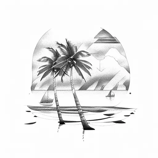 A Serene Ocean Scene With Palm Trees Swaying In The Breeze
