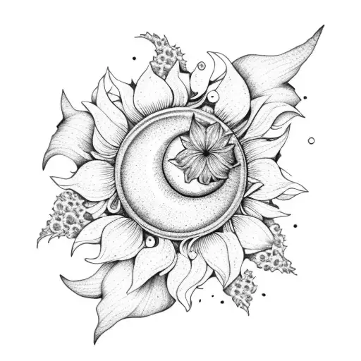 Crescent Moon With Sunflower And Hibiscus Flower