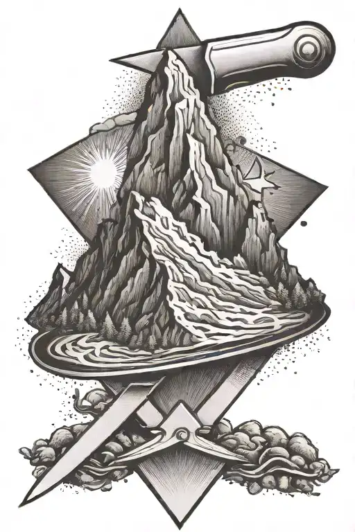 A Tattoo Of A Mountain Peak With A Chef's Knife And Fork Crossed Behind It