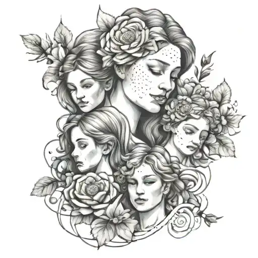 A Portrait Of The Mother And Her Two Daughters Intertwined With Flowers