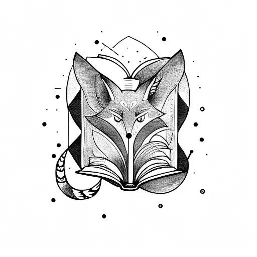 A Detailed Blackwork Tattoo Of A Fox Reading A Book On A Spaceship