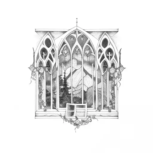 Gothic Window Overlooking Mountain Range With Vine Around One Side Of Window