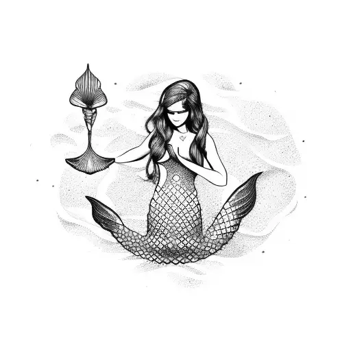 A Mermaid Sitting On A Rock In The Ocean Playing A Seashell Trumpet