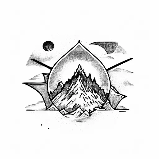 Gothic Window Overlooking Mountain Range With 3 Stars And Moon In Sky