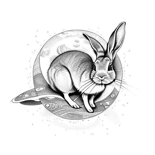 Rabbit Line Drawing Surrounded By Saturn