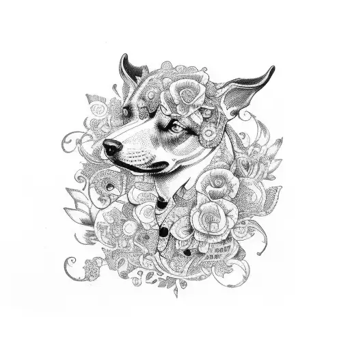 A Vintage Bicycle Adorned With Intricate Floral Patterns And Surrounded By Playful Dogs