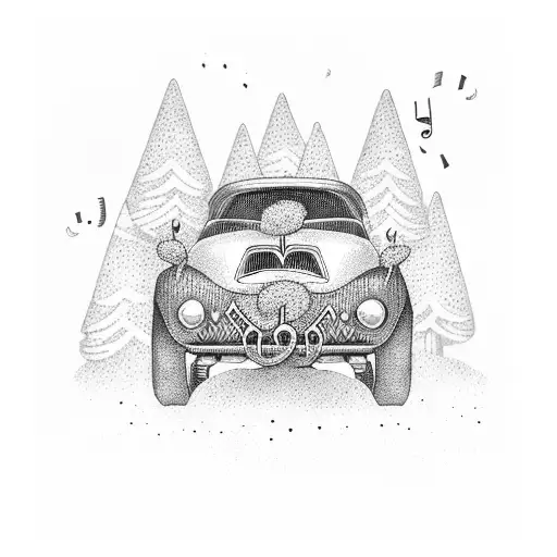 A Dotwork Design Of A Vintage Car Driving Through A Forest With Music Notes Floating In The Air
