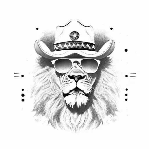 Lion With Cowboy Hat Wearing Sunglasses With The Union Jack And American Flag In The Reflection