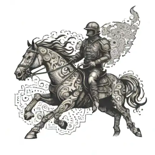 A Raging Fire With Intricate Patterns Of A Rider On Horseback