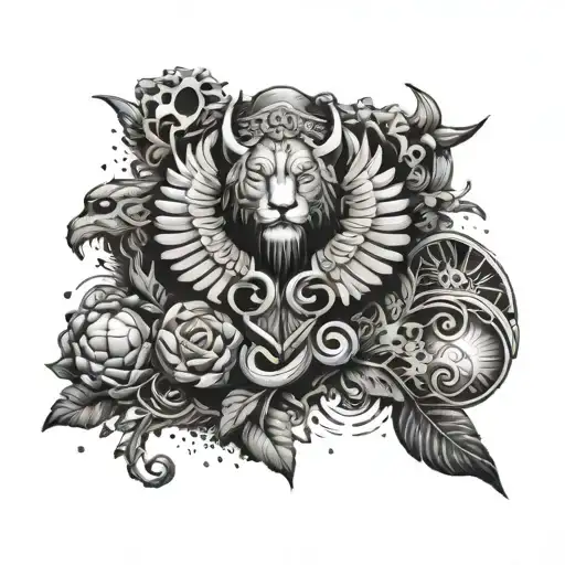 Combine Rock Music Symbols With Mythological Elements For A Unique Sleeve Tattoo Design