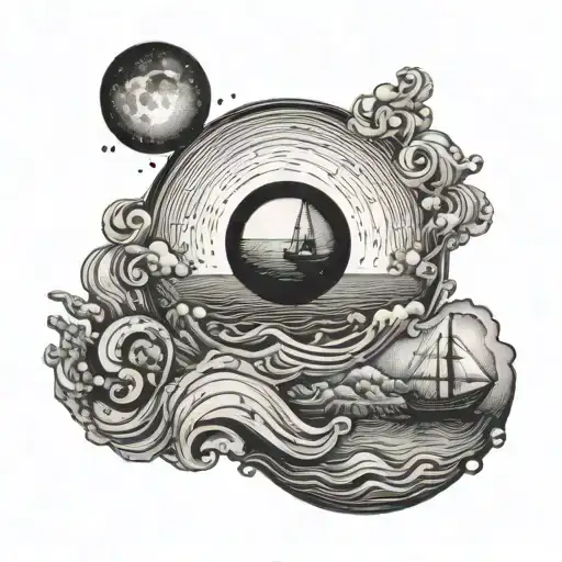 Surreal Landscape With Human Eye Draining Liquid Into An Ocean With A Boat Sailing On It