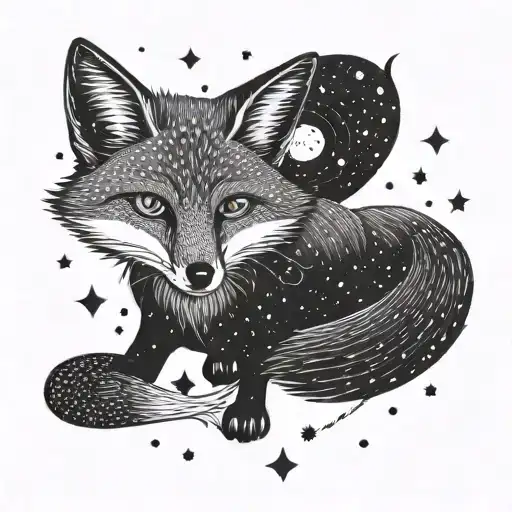 A Whimsical Scene Of A Fox Playing With Pisces Fish Under A Sky Filled With Stars In Dotwork Style