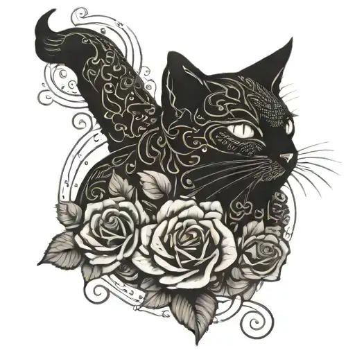 A Cat Silhouette Intertwined With A Vine Of Roses